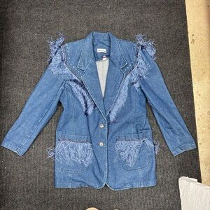 Vintage Blue Denim Blazer with Fringe Accents